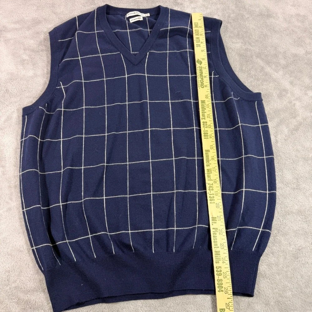 Peter Millar Sweater Vest Mens L Navy Blue Extrafine Merino Wool Windowpane
